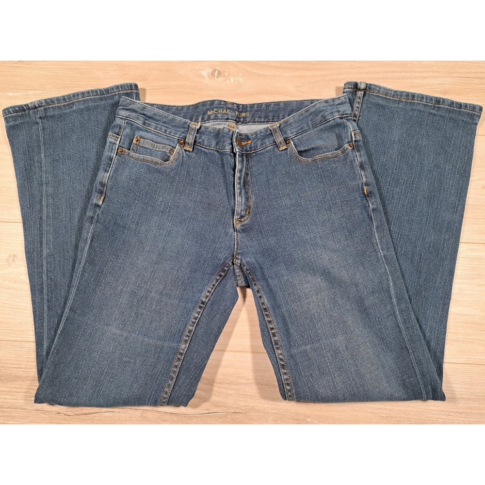 Michael Kors Womens Medium Wash Bootcut Jeans Rhinestone Logo Size 8